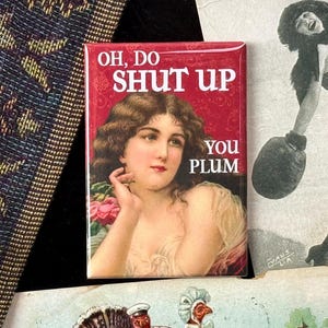 Könnte beinhalten: Ein rechteckiger Magnet mit einem Vintage-Bild einer Frau und dem Text "OH, DO SHUT UP YOU PLUM" auf rotem Hintergrund. Weitere Vintage-Bilder und ein gemusterter Stoff sind ebenfalls zu sehen.
