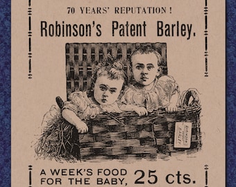 Robinson Patent Gerste - viktorianischen Werbung - 1800 Druck 8 x 10 New England Baby essen Kinder Korb Kitsch Jahrgang Kinder