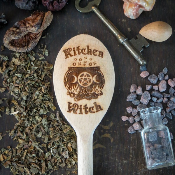 Kitchen Witch Wooden Spoon - laser cut engraved wood pagan wiccan wicca pentacle cauldron cooking chef mom friend housewarming present gift