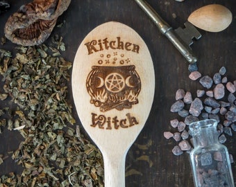 Kitchen Witch Wooden Spoon - laser cut engraved wood pagan wiccan wicca pentacle cauldron cooking chef mom friend housewarming present gift