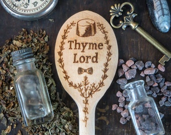 Wooden Spoon - Thyme Lord - laser cut engraved time lord doctor who bowtie fez cooking pun