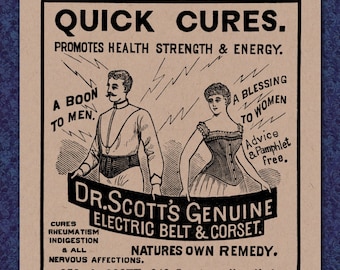 Quick Cures - Victoriaanse Advertentie - 1800's print advertentie kwakzalverij kwakzalverij fraude nep geneeskunde te genezen elektrische korset riem