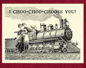 Choo-Choo-Choose You Valentine Greeting Card - Victorian illustration present gift lover friend anniversary snarky funny humor train pun