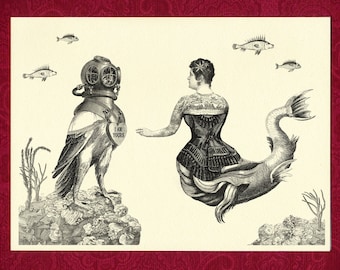 I am Yours - Greeting Card (Blank) - Victorian illustration mermaid birdman steampunk wedding gift