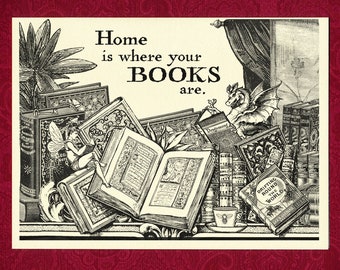 Greeting Card - Books - Home - Victorian illustration quote birthday present dragon fairy reading novel author writer teacher librarian