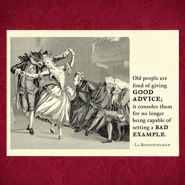 Old People Greeting Card - Victorian illustration good advice bad example age aging older birthday present funny snarky dark humor steampunk