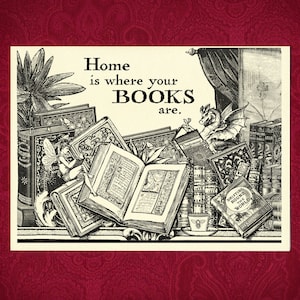 Cartão de felicitações - Livros - Início - Ilustração vitoriana citação presente de aniversário dragão fada leitura romance autor escritor professor bibliotecário