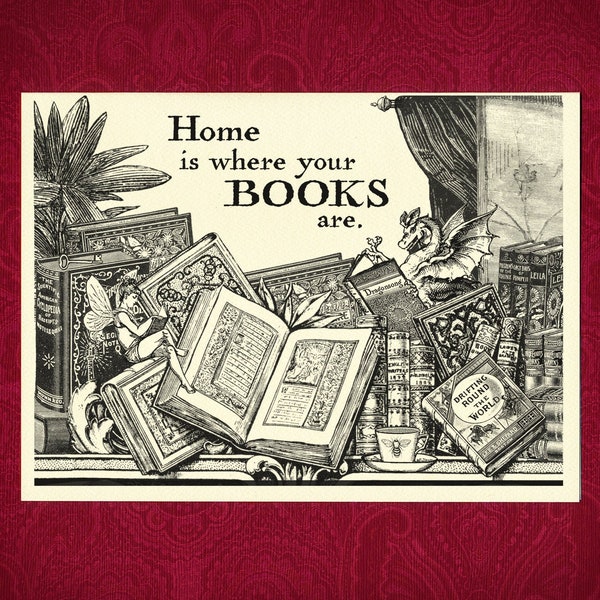 Greeting Card - Books - Home - Victorian illustration quote birthday present dragon fairy reading novel author writer teacher librarian