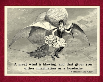 Greeting Card - Wind - Victorian illustration great change imagination revolution resist women flying contraption machine steampunk