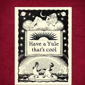 Biglietto di auguri - Cool Yule - Natale vittoriano Yule Solstizio Hannukkah Pagano Wiccan pinguino vecchio luna pianeta stella inverno ghiaccio