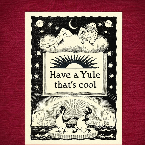 Greeting Card - Cool Yule - Victorian Christmas Yule Solstice Hannukkah Pagan Wiccan penguin old man moon planet star winter ice