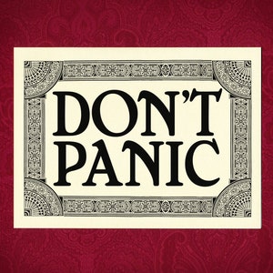 DON&#39;T PANIC - Greeting Card - Victorian ornate encouragement support calm birthday present hitchhikers guide galaxy wedding freak out