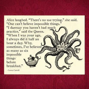 Choses impossibles - Carte de voeux Alice au pays des merveilles illustration victorienne tentacules théière reine de coeur encouragement cadeau steampunk