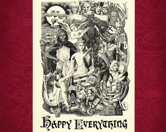 Happy Everything Greeting Card (Blank) - Victorian illustration Christmas Yule Solstice Hannukkah winter snarky humor