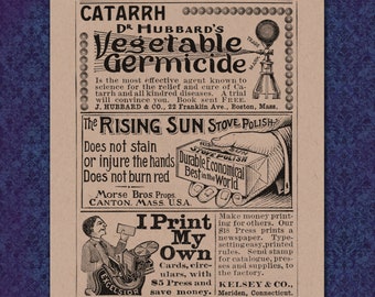 3 ads in One - Victorian Advertisement - 1800's print Boston MA Catarrh vegetable germicide stove polish printing press excelsior