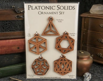 Platonic Solids Ornament Set - wood laser cut maine holiday gift present Christmas Yule winter Solstice decoration pagan polyhedron dice DND