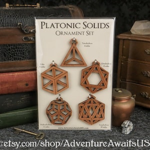 Platonic Solids Ornament Set - wood laser cut maine holiday gift present Christmas Yule winter Solstice decoration pagan polyhedron dice DND