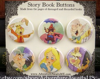 Story Book Button Set 69 - Alice in Wonderland Lewis Carroll pin pinback badge OOAK Mad Hatter March Hare Door Mouse tea party cup
