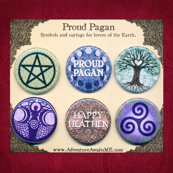 Proud Pagan Pinback Button Set - pins badges green pentacle witch wicca tree happy heathen earth moon goddess flowers pride triskele