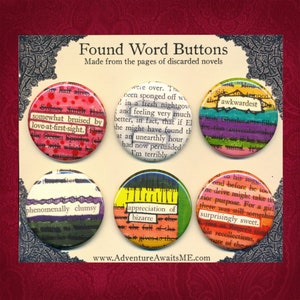 Unearthly Found Word Pin Set - book pages recycled pins badges success love reader writer librarian english teacher author nerd humor