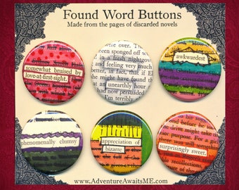 Unearthly Found Word Pin Set - book pages recycled pins badges success love reader writer librarian english teacher author nerd humor