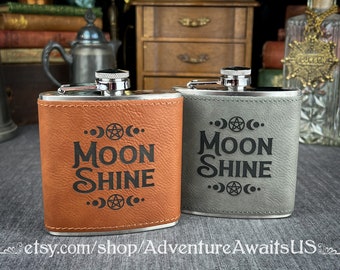 Moon Shine Flask - Laser engraved stainless steel faux leather leatherette bar alcohol drinks spirits pagan wicca kitchen witch pentacle