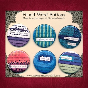 Mistake Found Word Pinback Button Set - book pages recycled pins badge reader author writer librarian english teacher snarky humor
