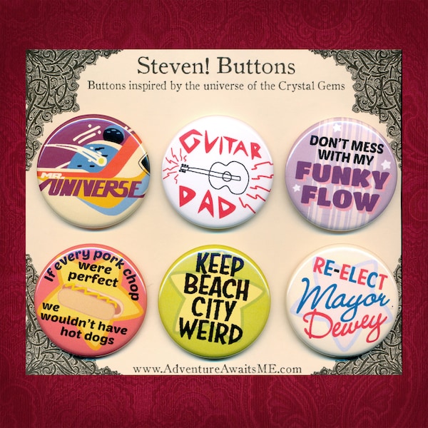 Conjunto de Botões e Pins de Steven Universe - pins, broches, citações, Greg, guitarra, pai, funky flow, Keep Beach City, Weird, prefeito Dewey, Crystal Gems