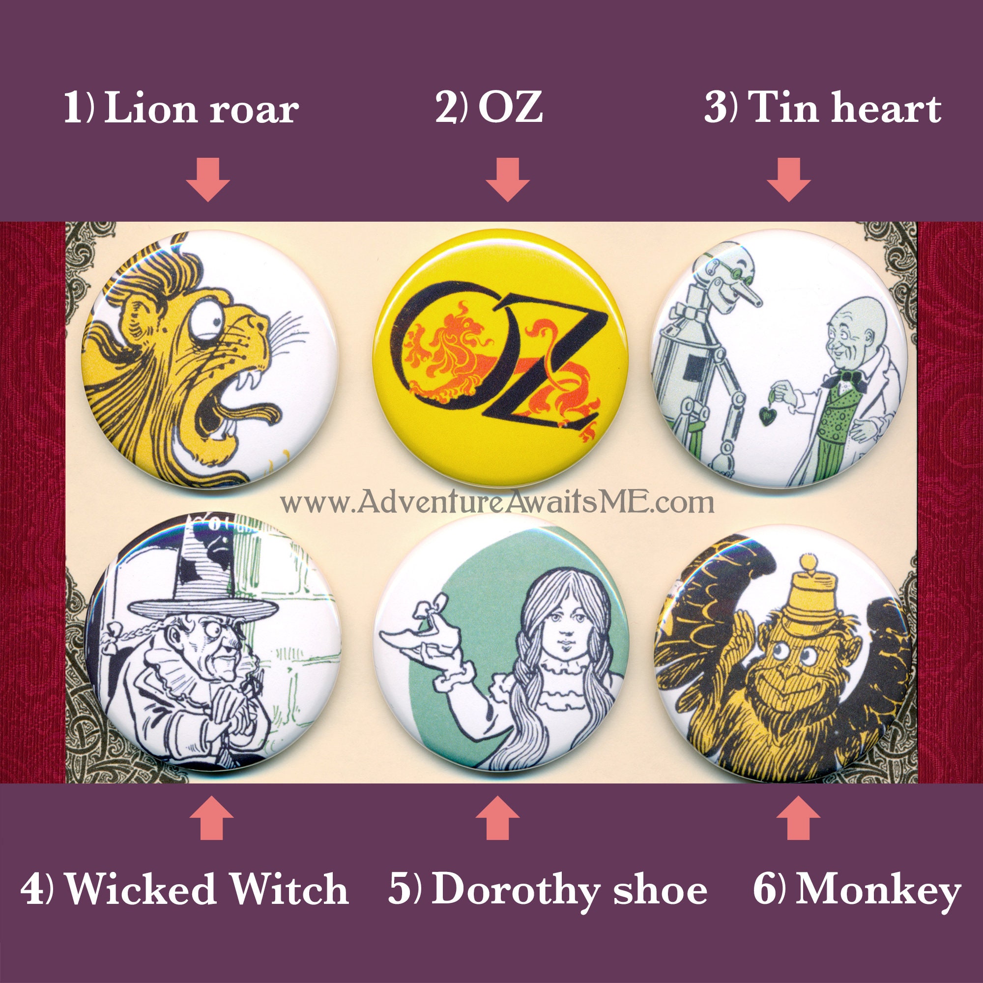 オズの魔法使い ピンバッジセット - イラスト 1899 L フランク・ボーム ドロシー ライオン ブリキ男 ハート 空飛ぶ猿 邪悪な魔女 ピンバッジ  - Etsy 日本, image size:2000x2000