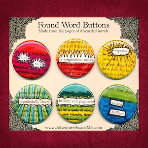 You Rock Found Word Pin Set - book pages recycled pins badges you rock reader writer librarian english teacher sarcastic snarky humor