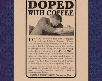 Dopado con café - Impresión publicitaria victoriana - Boston, MA, Nueva Inglaterra, regalo, decoración de cafetería Old Grist Mill, rareza, curiosidad, década de 1800