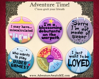 Adventure Time Pinback Button Set 2 - pins badges Lumpy Space Princess Bubblegum Marceline  BMO video games Ice King elements slime fire