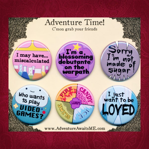 Adventure Time Pinback Button Set 2 - pins badges Lumpy Space Princess Bubblegum Marceline  BMO video games Ice King elements slime fire