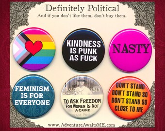 Definitely Political Pinback Button Set - pins badges kindness punk love lgbtq gay lesbian bi trans queer pride proud feminism women nasty