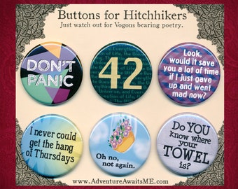 Hitchhikers Guide Pinback Button Set - galaxy don't panic answer question 42 towel arthur dent ford prefect douglas adams book movie radio