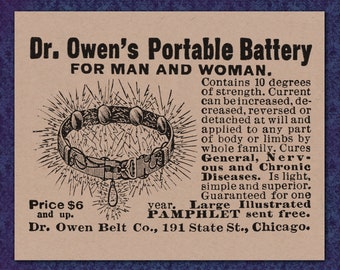 Dr Owen's Portable Battery - Victoriaanse Advertentie - 1800's Chicago print advertentie kwakzalver fraude nep geneeskunde remedie elektrische korset riem