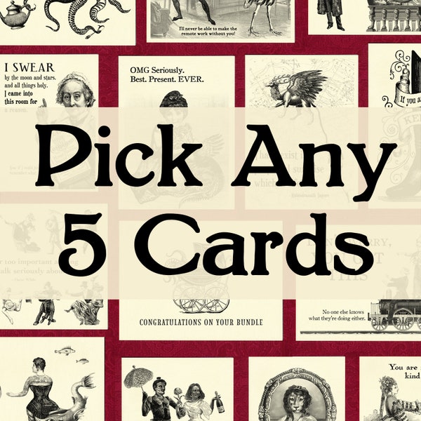 Pick Any Five Cards - victorian illustration snarky humor greeting card sets gift present teacher friend love family funny steampunk