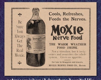 Comida para los nervios Moxie - Impresión publicitaria victoriana - Década de 1800, 8 x 10, Nueva Inglaterra, Maine, medicina, refresco, elixir, bebida tónica, rareza, curiosidad