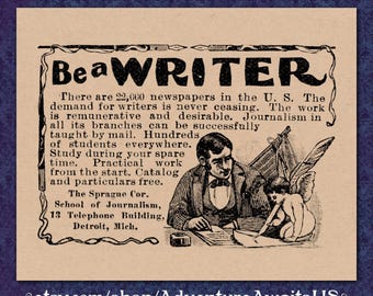 Impresión publicitaria victoriana: "Sé escritor", anuncio periodístico de 8 x 10 pulgadas