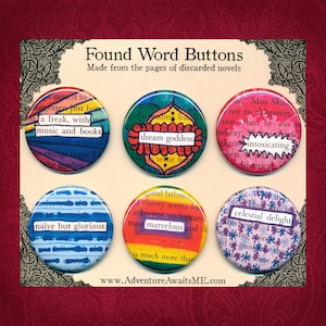Dream Goddess Found Word Pin set - pinback buttons book pages recycled reader writer librarian english teacher sarcastic snarky humor