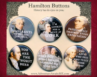 Conjunto de botones y pins de Hamilton: pins, insignias, espectáculos de Broadway, musicales, inmigrantes, Alexander, Aaron Burr, Elizabeth, Angelica Schuyler, obras históricas.