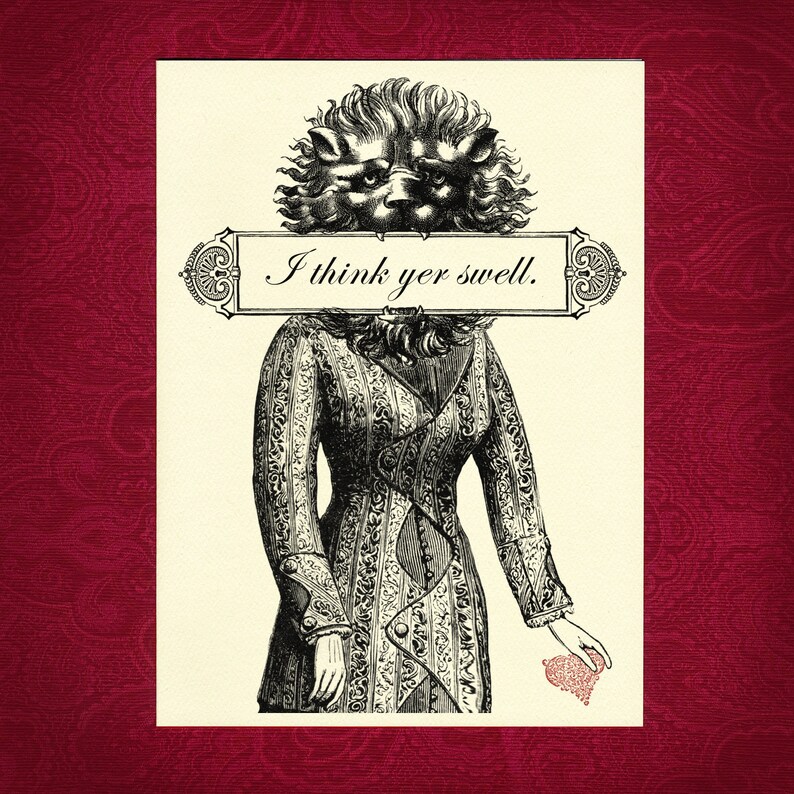 Yer Swell Greeting Card Victorian illustration love heart lion head shy humor sweet friend crush awesome gift present thank you birthday image 1