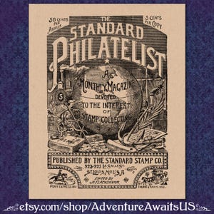 Filatelista - Impresión publicitaria victoriana - coleccionista de sellos del siglo XIX, aficionado a las revistas, globo terráqueo, rareza de San Luis imagen 1