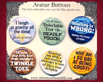 May include: Six round buttons with different Avatar-themed quotes and images. The buttons are yellow, orange, blue, green, brown, and white. The quotes include "I laugh at gravity all the time!" and "Stealing is WRONG!"