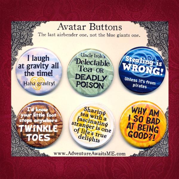 Avatar the Last Airbender Pinback Button Set - pins badges earth air fire water kingdom uncle Iroh Aang twinkle toes toph katara zuko