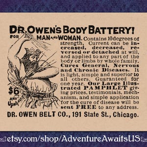 Dr Owens Body Batterie - viktorianischer Werbedruck - 1800er Seltsames medizinisches Gerät Elektroschock Gürtel Kuriosität Quacksalber Medizin