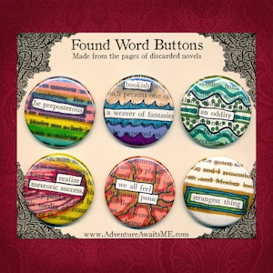 Bookish Found Word Pin Set - book pages recycled pins badges sweet warped reader writer librarian english teacher sarcastic snarky humor