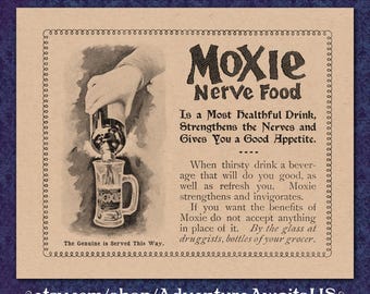Comida para los nervios Moxie - Impresión publicitaria victoriana - Década de 1800, 8 x 10, Nueva Inglaterra, Maine, medicina, refresco, elixir, bebida tónica, rareza, curiosidad
