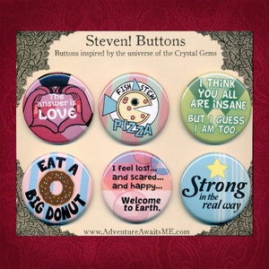 Steven Universe Pinback Button Set - spille distintivi citazioni amore granato stufato di pesce pizza folle peridoto grande ciambella terra forte perla cristallo gemme