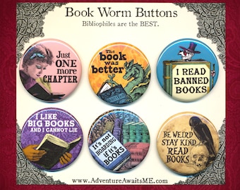 Book Worm Button Set - pins badges bookworm bibliophile reader writer author librarian english teacher sarcastic snarky weird humor funny